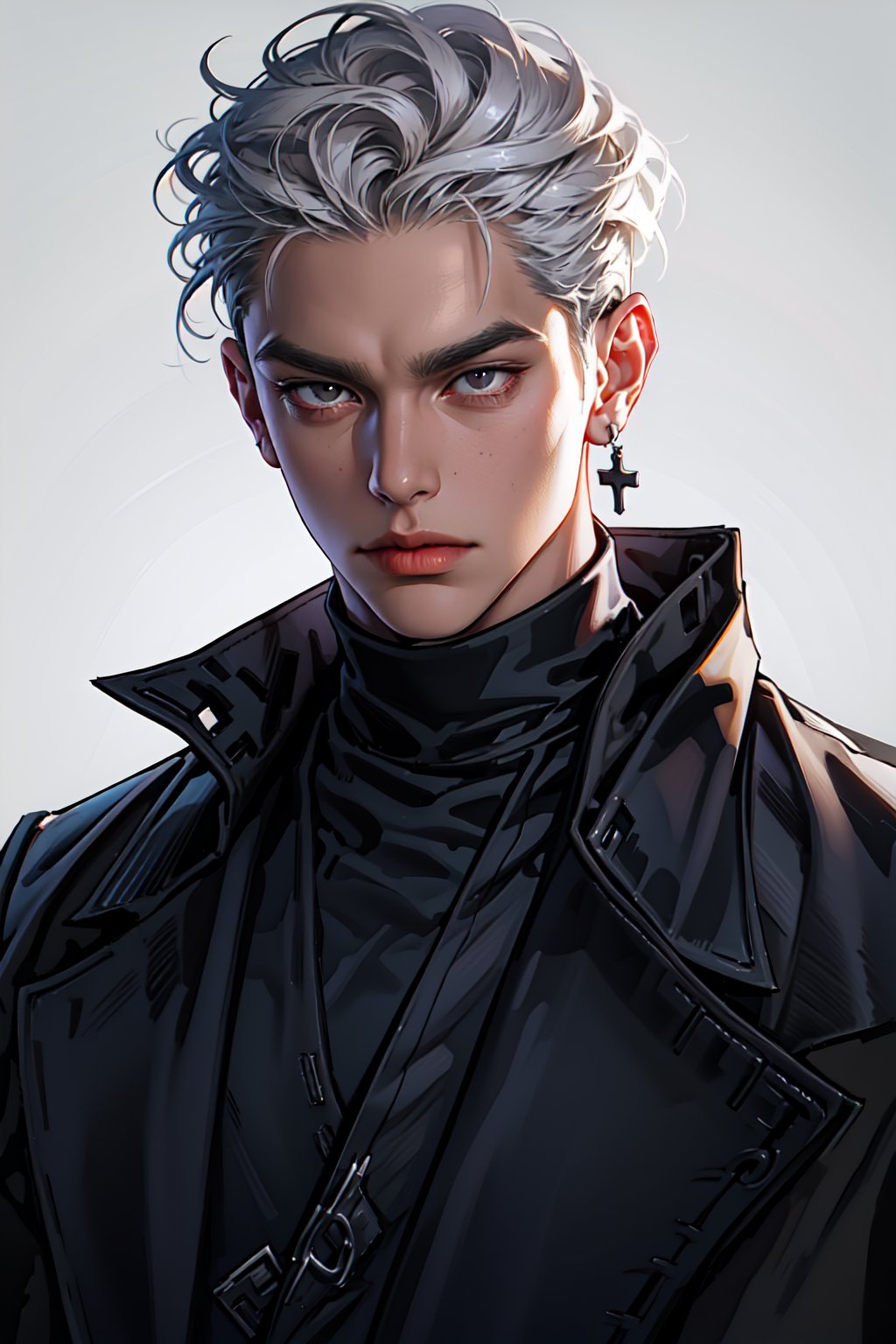 1boy, masculine, 20-years-old, silver hair, slick back_hair, sharp eyes, black eyes, toned_male, tall, cross dangle ear piercings, tan skin color, temperamental, despondent personality, neutral facial expression, intimidating mafia, black turtleneck shirt, black coat, white background, looking_at_viewer, close up, modern