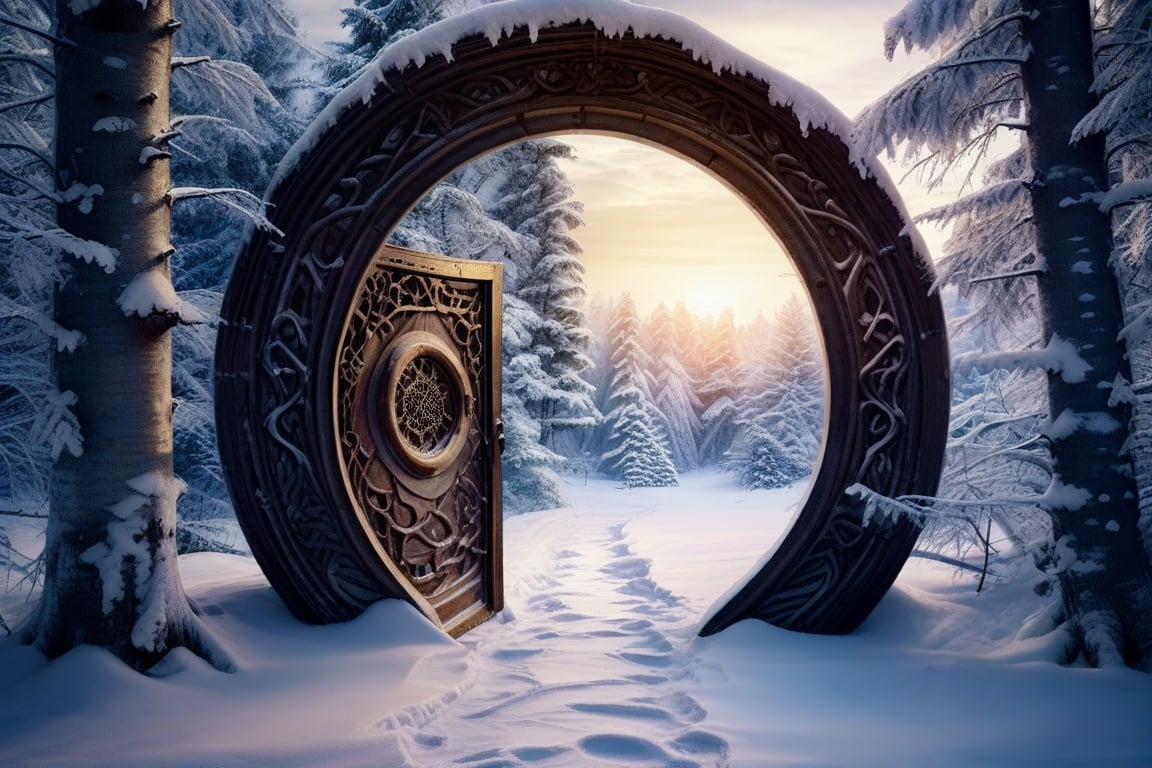 A serene winter wonderland scene: a majestic snow-covered forest stretches into the distance,  with towering trees adorned...