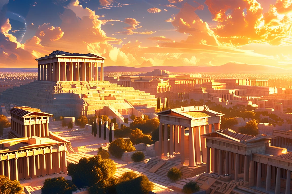 An anime style scene. Aerial perspective of an ancient Greek city, reminiscent of Athens in its heyday. The sprawling metropolis unfolds like a golden-hued puzzle, with terracotta rooftops and white marble structures blending harmoniously. The Acropolis stands tall, its iconic Parthenon glowing softly under the warm light of sunset.