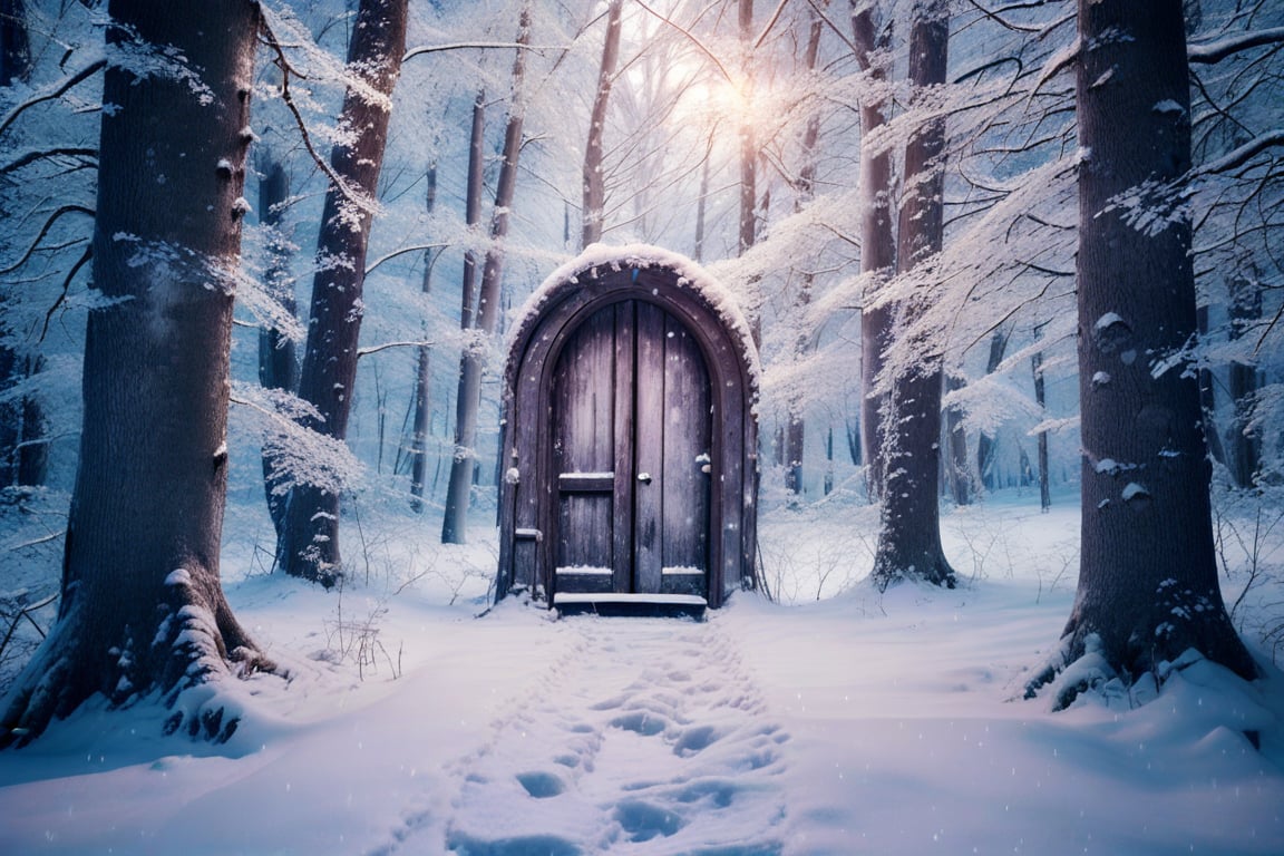 A serene winter wonderland scene unfolds with a weathered wooden door standing solitary amidst the snow-covered trees. The...