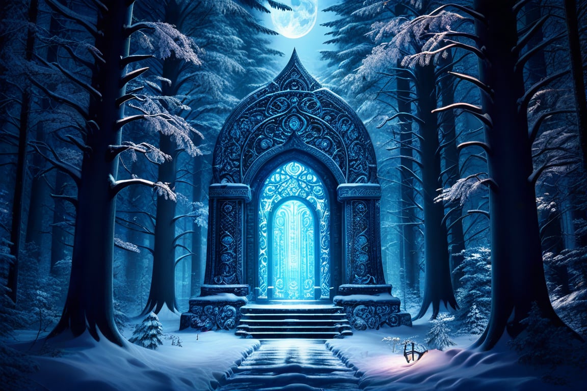 A mystical snow-forest glows under a crescent moonlit sky. A ancient,  ornate gate stands sentinel amidst the towering tre...