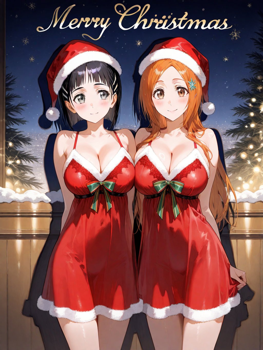 ((2 girls,  side by side,  christmas red nightgown by Raphael95 on Tensor.Art