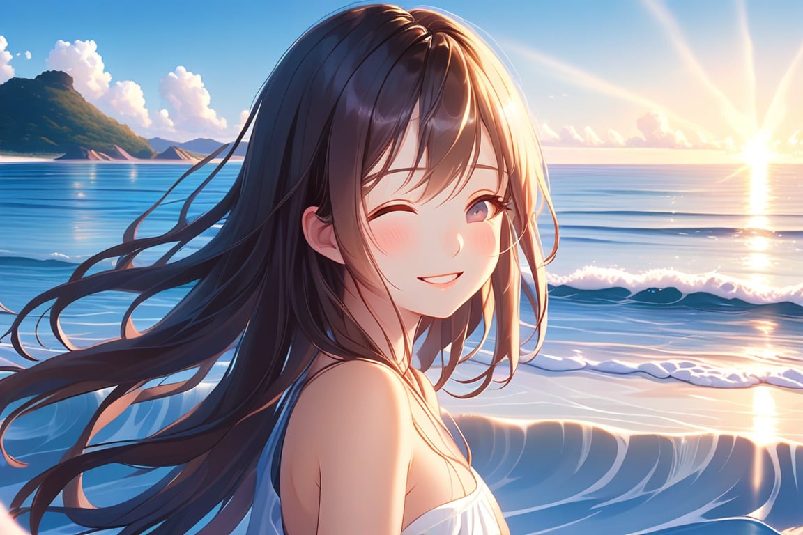 A serene anime-inspired scene unfolds: a young woman with long,  flowing hair and a radiant smile stands at the edge of a...