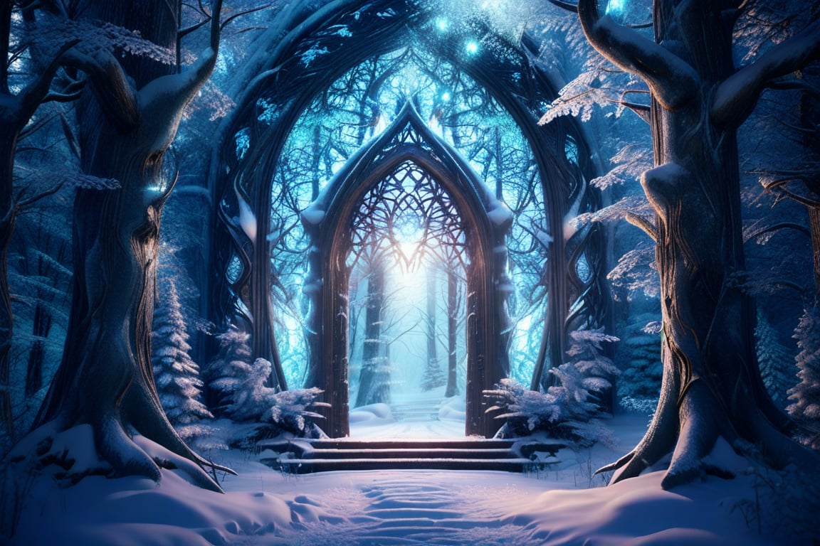 A mystical doorway materializes amidst the serenity of a snow-covered forest,  its intricately carved wooden panels glowin...