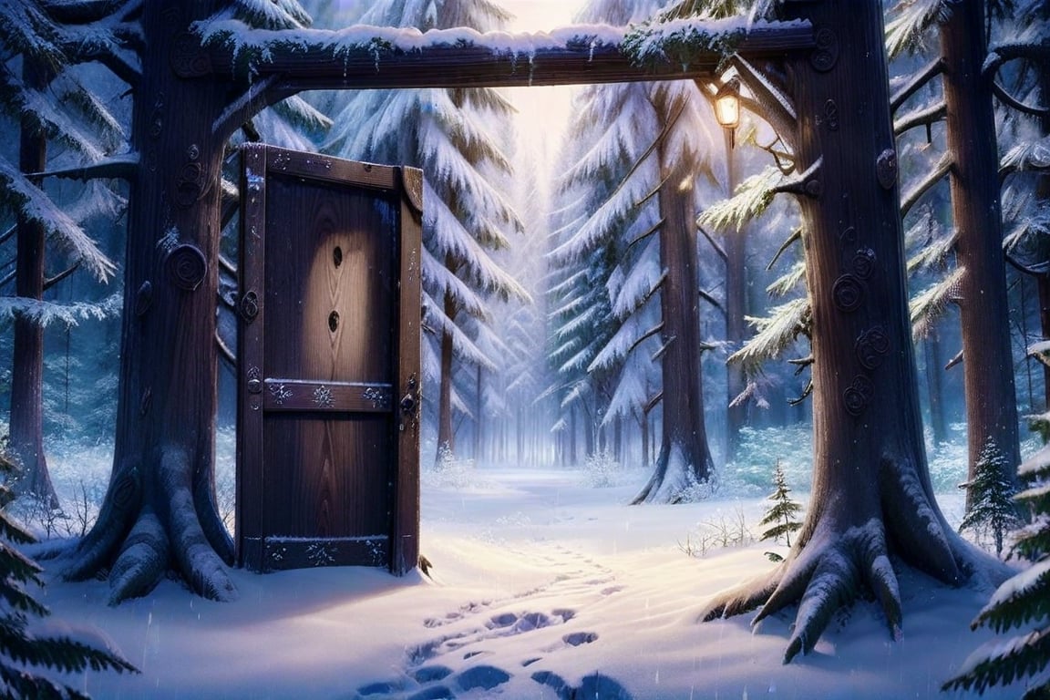 Snowy Forest Whispers: A serene anime-inspired landscape featuring a weathered wooden door standing alone amidst a tranqui...