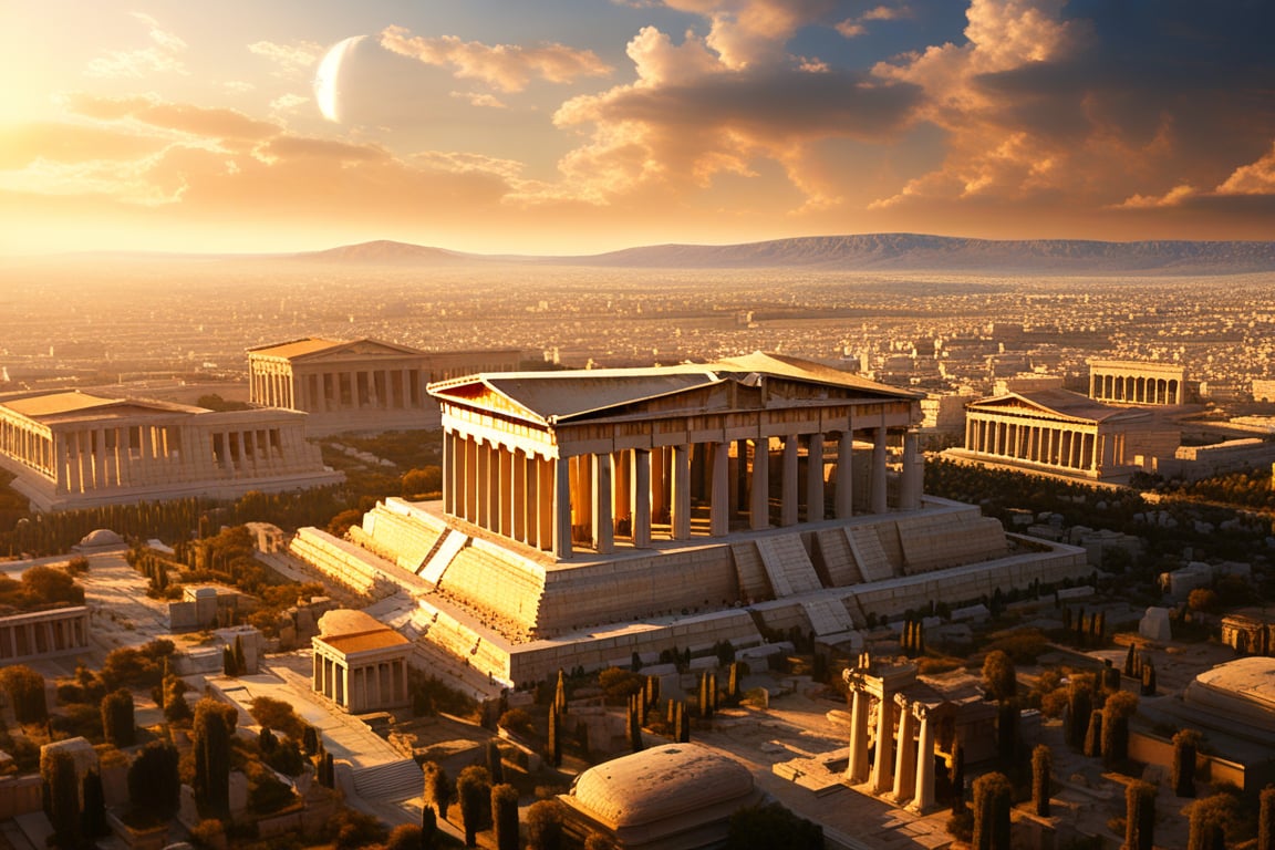 Aerial perspective of an ancient Greek city, reminiscent of Athens in its heyday. The sprawling metropolis unfolds like a golden-hued puzzle, with terracotta rooftops and white marble structures blending harmoniously. The Acropolis stands tall, its iconic Parthenon glowing softly under the warm light of sunset.