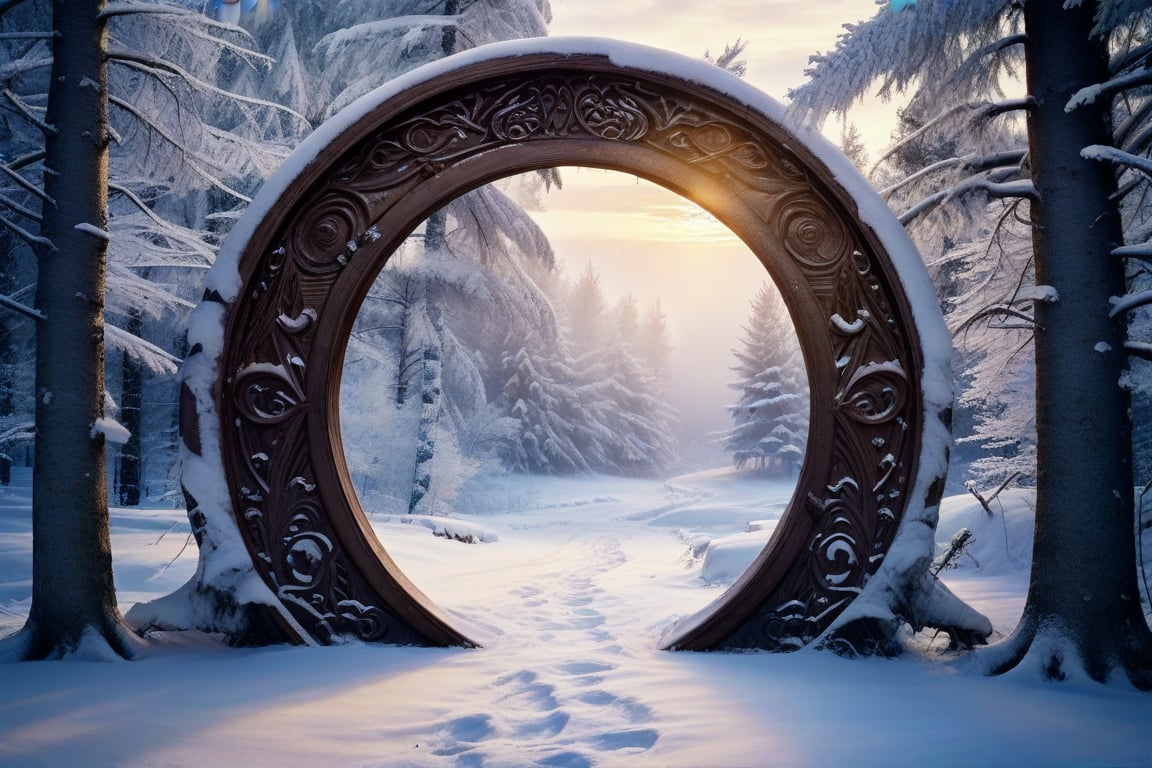 A serene winter wonderland scene: a majestic snow-covered forest stretches into the distance,  with towering trees adorned...