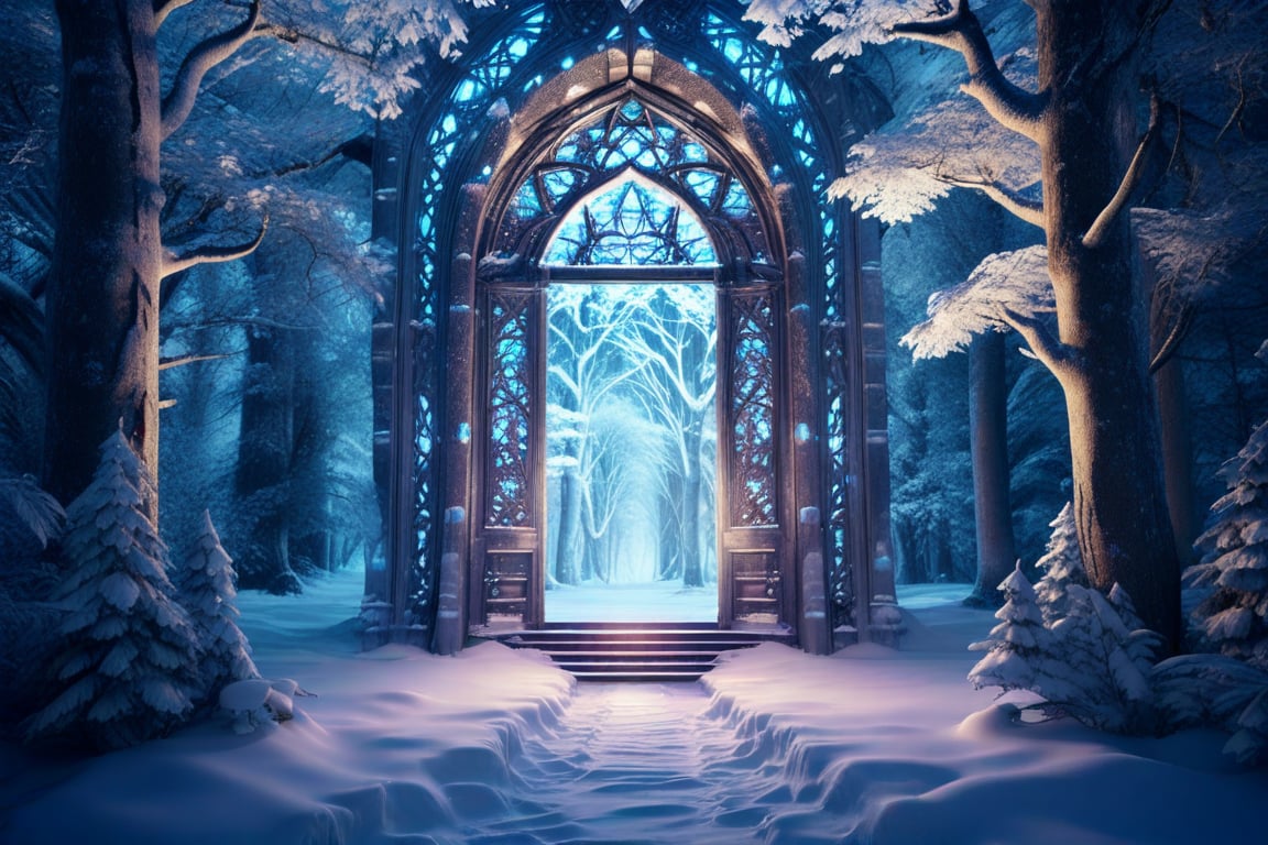 A mystical doorway materializes amidst the serenity of a snow-covered forest,  its intricately carved wooden panels glowin...