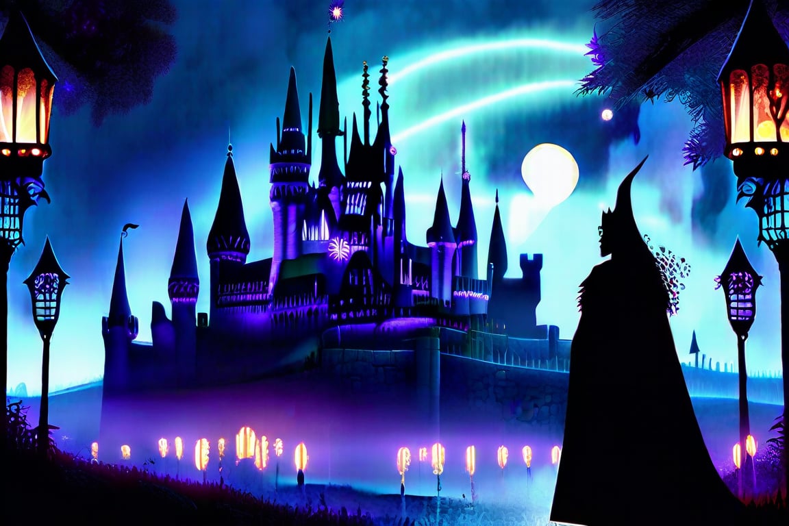 A majestic Hogwarts castle stands tall against a whimsical anime-inspired backdrop, its turrets and spires reaching for the stars. A mysterious figure, cloaked in dark robes with hints of purple, appears at the edge of the frame, their back turned towards the viewer as they gaze out upon the mystical landscape. The warm glow of lanterns and torches casts a mystical ambiance, while the misty atmosphere whispers secrets to those who dare listen.