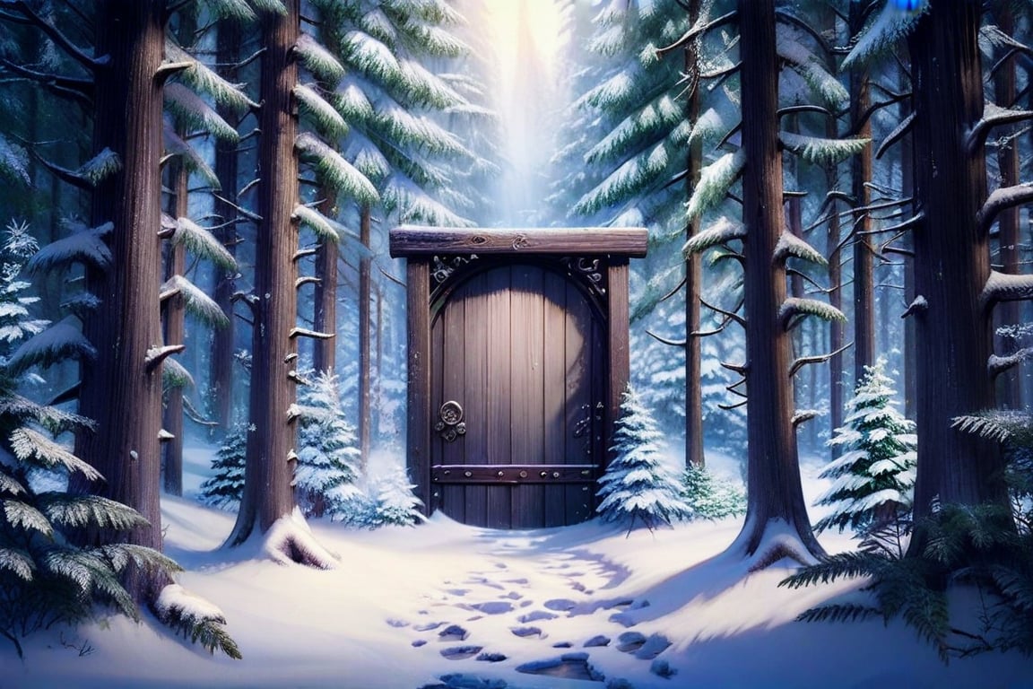 Snowy Forest Whispers: A serene anime-inspired landscape featuring a weathered wooden door standing alone amidst a tranqui...