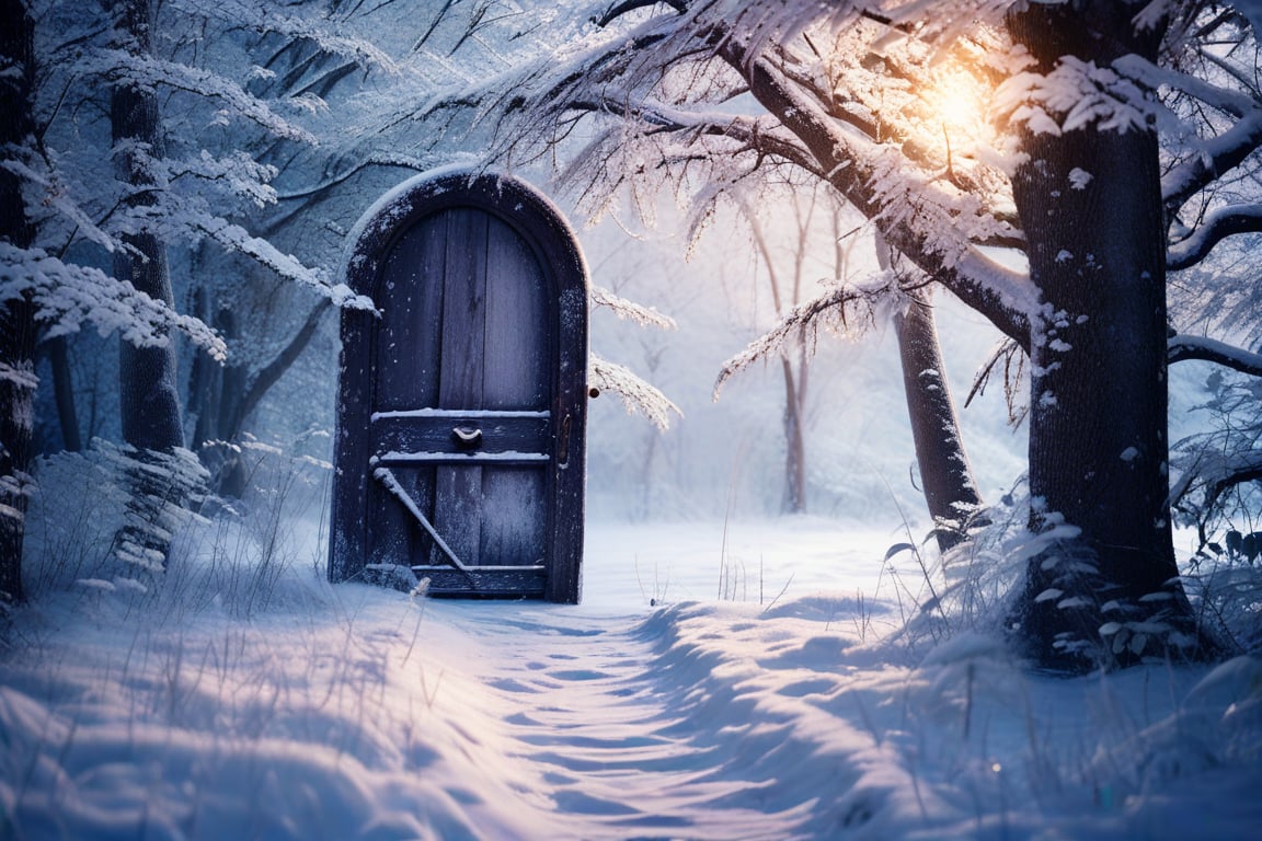 A serene winter wonderland scene unfolds with a weathered wooden door standing solitary amidst the snow-covered trees. The...