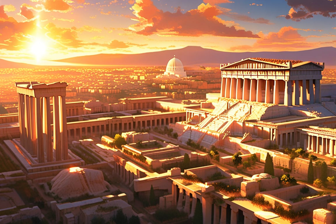 An anime style scene. Aerial perspective of an ancient Greek city, reminiscent of Athens in its heyday. The sprawling metropolis unfolds like a golden-hued puzzle, with terracotta rooftops and white marble structures blending harmoniously. The Acropolis stands tall, its iconic Parthenon glowing softly under the warm light of sunset.