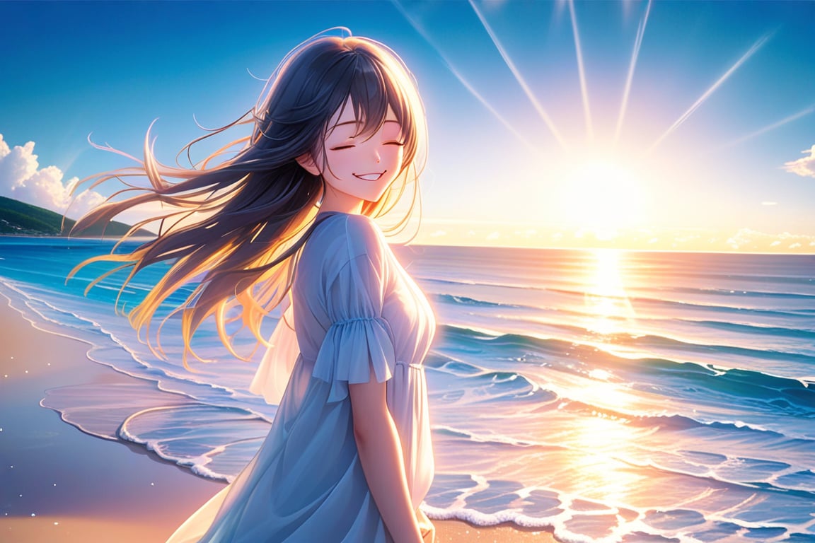 A serene anime-inspired scene unfolds: a young woman with long,  flowing hair and a radiant smile stands at the edge of a...