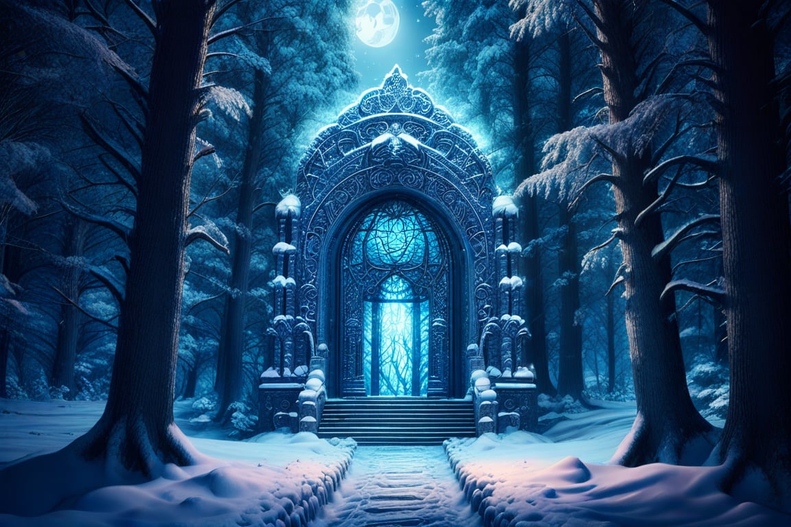 A mystical snow-forest glows under a crescent moonlit sky. A ancient,  ornate gate stands sentinel amidst the towering tre...