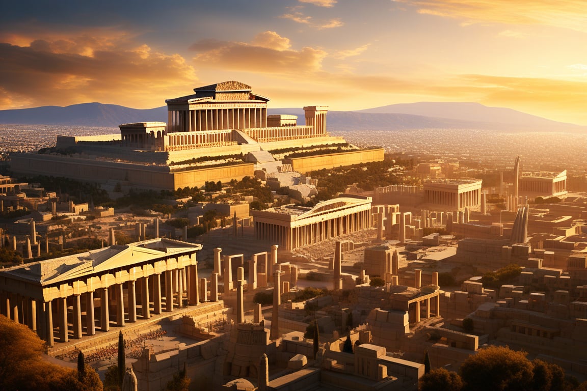 Aerial perspective of an ancient Greek city, reminiscent of Athens in its heyday. The sprawling metropolis unfolds like a golden-hued puzzle, with terracotta rooftops and white marble structures blending harmoniously. The Acropolis stands tall, its iconic Parthenon glowing softly under the warm light of sunset.