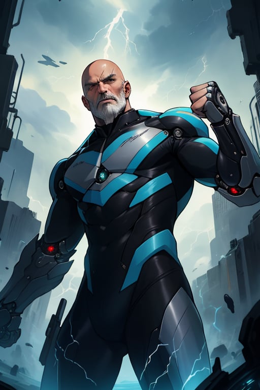 Precise, beautiful, high definition, detailed depiction, high density, Smooth gradation, vivid color, Sci-Fi mechanical skintight suit bald old man, Raise his fist and create thunder, Stormy Town