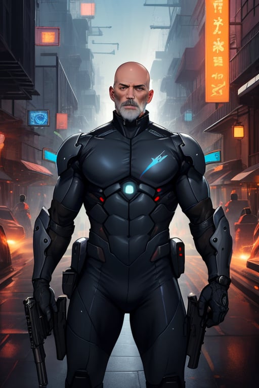 Precise, beautiful, high definition, detailed depiction, high density, hummer tone, vivid color, in the town, Sci-Fi mechanicale skintight suit bald old man, with future gun,