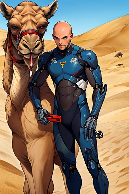 Bald man in sci-fi mechanical skin-tight suit pulls camel in desert