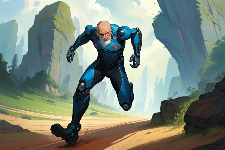 Precise, beautiful, high definition, detailed depiction, high density, Sci-fi mechanical skin tight suit bald old man, running jump with chaser、in Roger Dean’s rock mountain