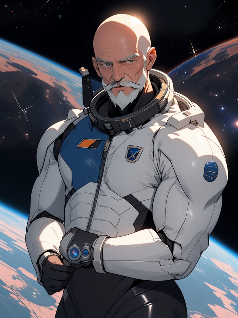 Bald, bearded old man in mechanical skin-tight suit stroking his mustache, upper body, with outer space as background