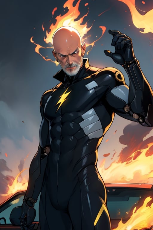 SF Mechanical Skin Tight Suit Bald Old Man one hand up, fire flash on car