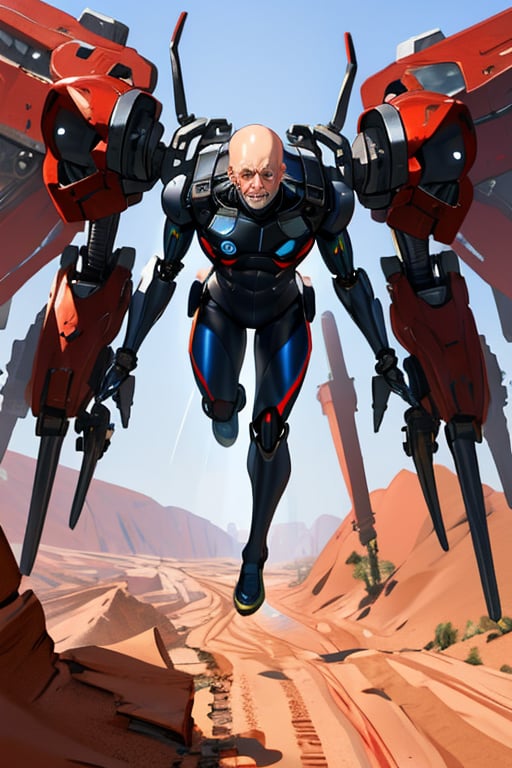 Bald old man in sci-fi mechanical skintight suit  diving into the desert, 