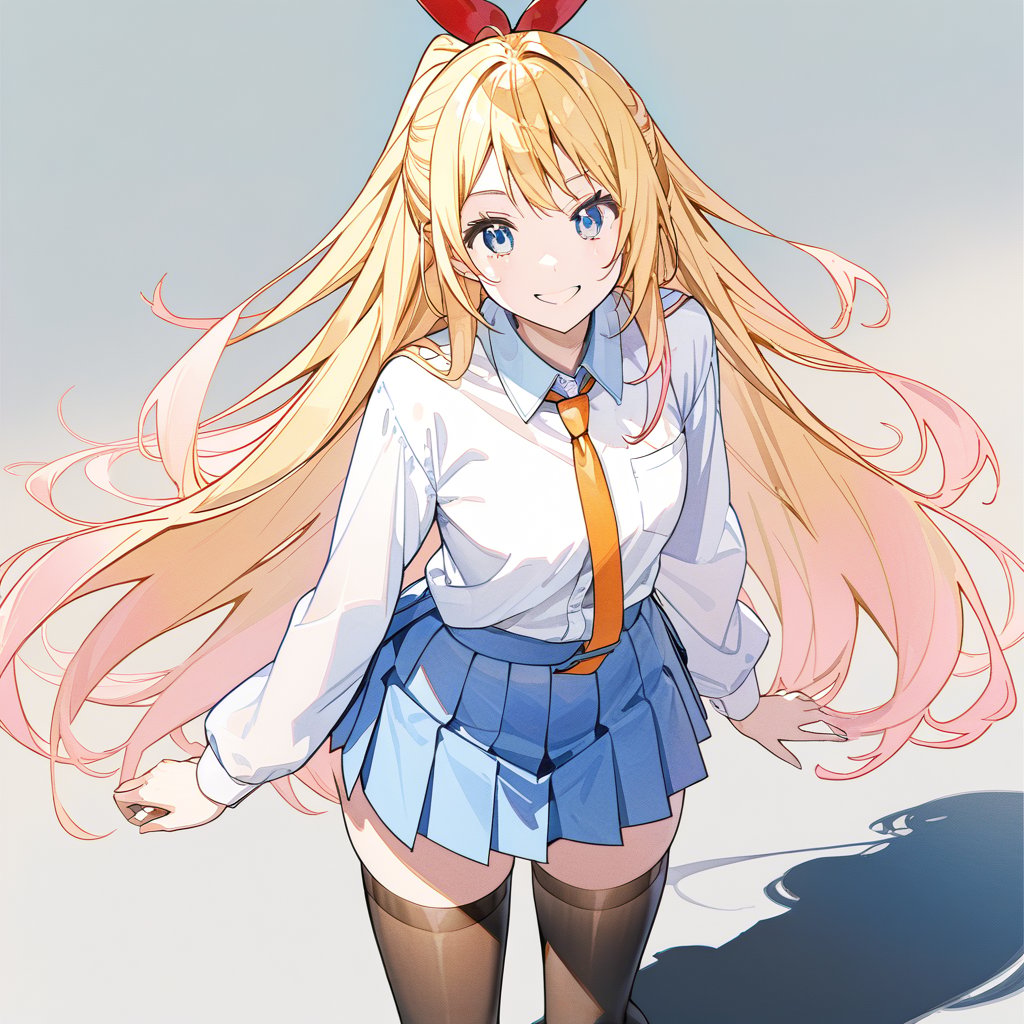 solo girl Golden blonde hair,  long hair with pink tips,  red ribbon tied at the top by user_746169762438027843 on Tensor.Art