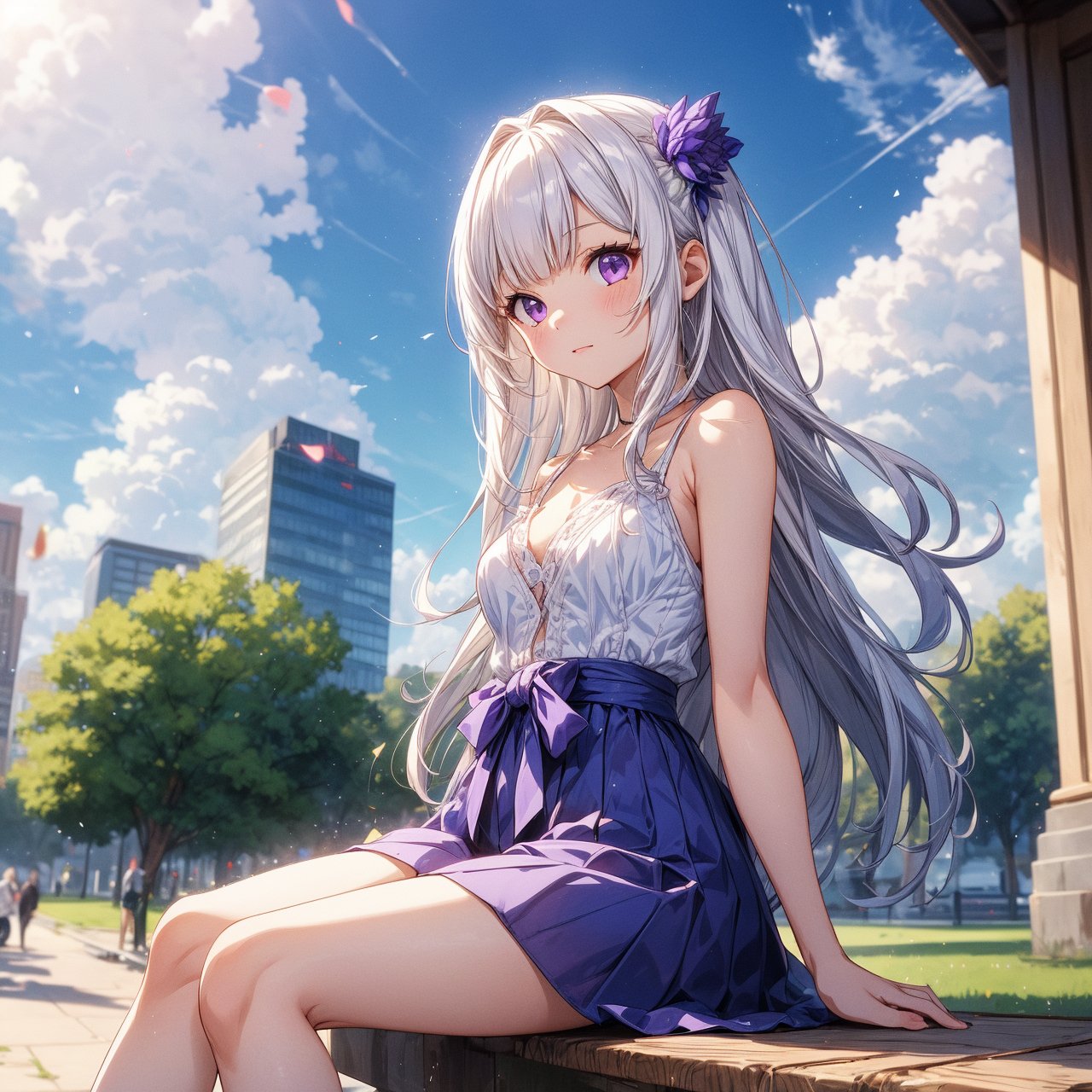 1girl, long hair, White hair, purple eyes, jitome, medium chest, sitting, on park, day, blue Sky, clouds

emilia