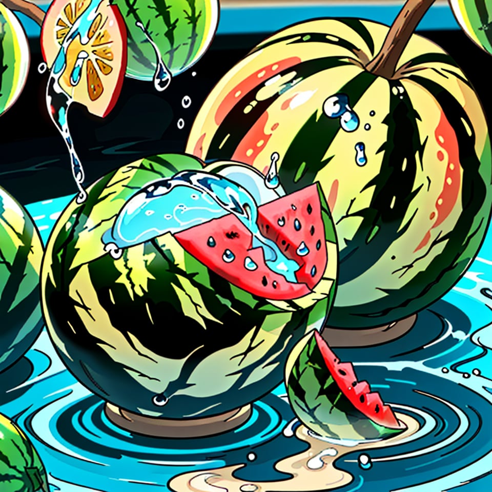 food, water, blurry, no humans, fruit, water drop, splashing, watermelon, food focus, still life,ANIME 