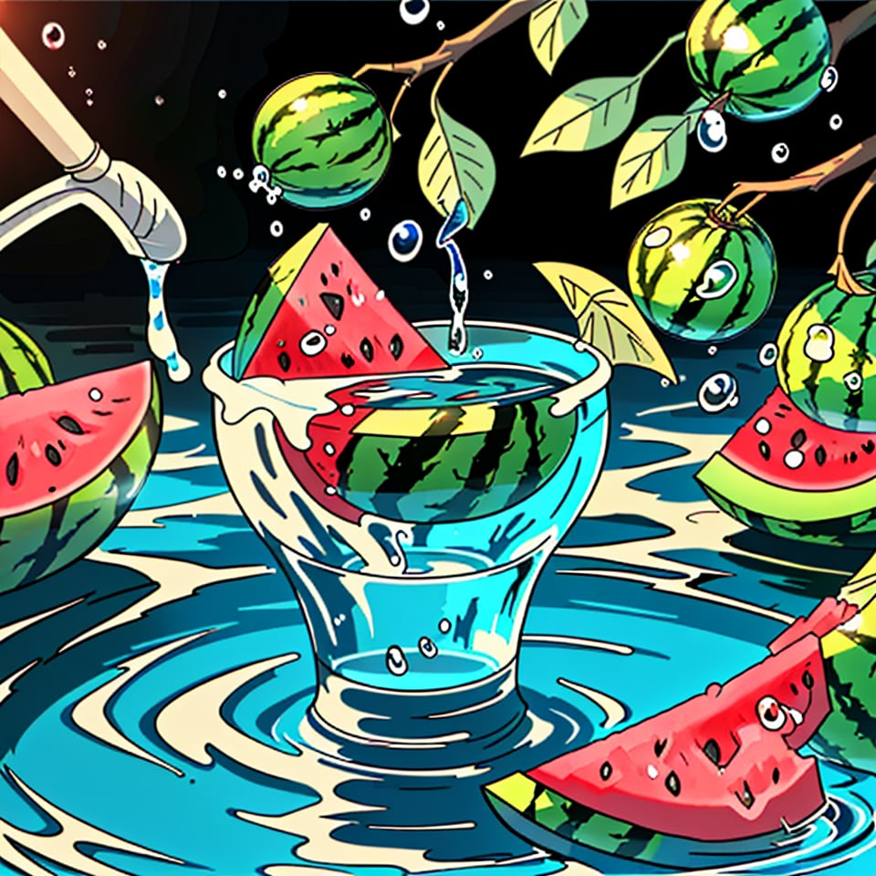 food, water, blurry, no humans, fruit, water drop, splashing, watermelon, food focus, still life,ANIME 