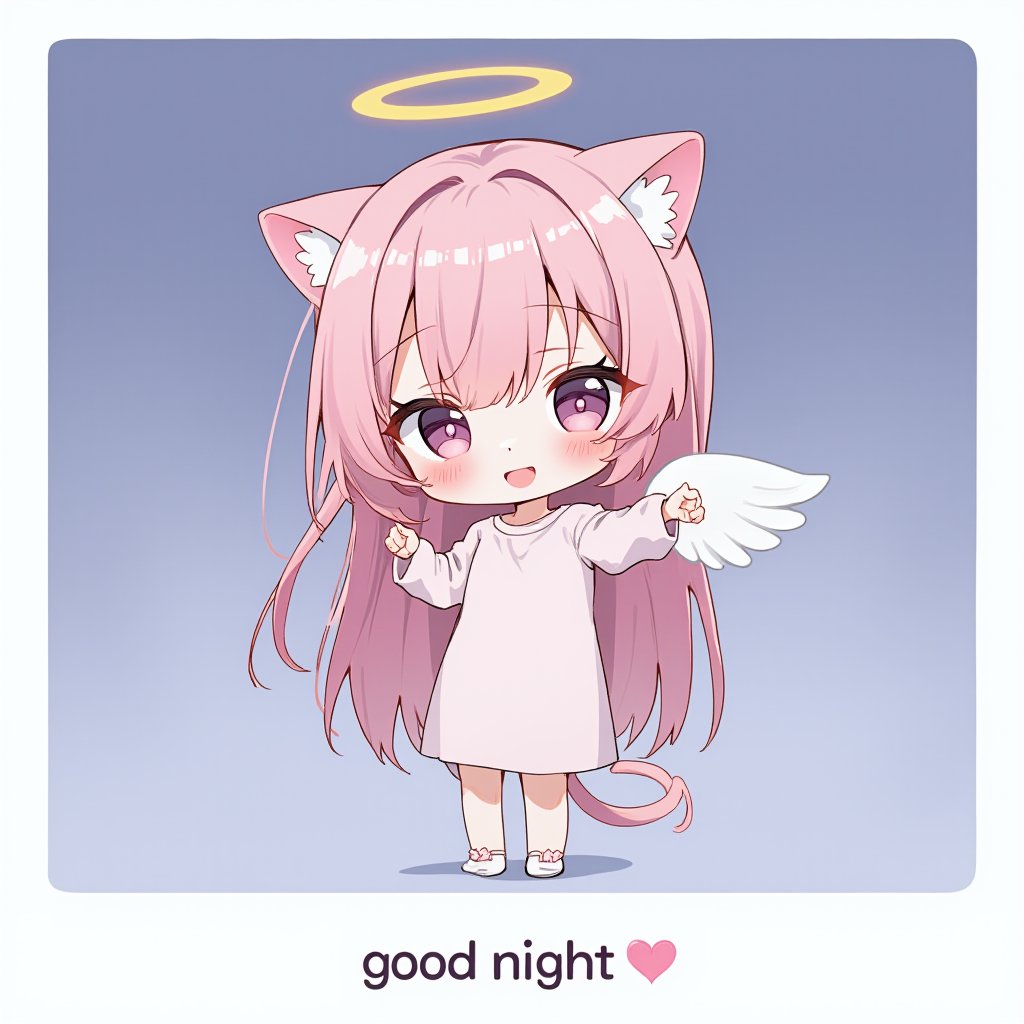 ((LINE stamp style)),flat illustration, anime, bright, cute, small, 1 girlish boy, pink hair, long hair, cat ears, cat tail, angel wing, halo,(Show text "good night 🌙")