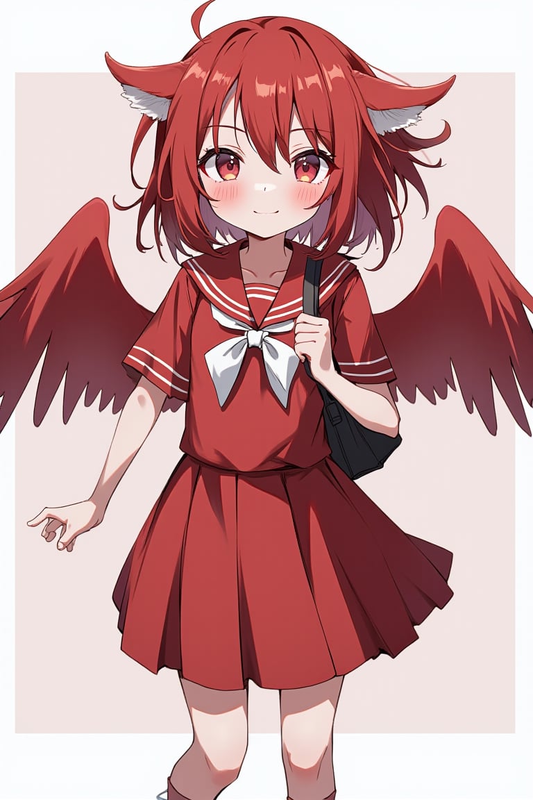 harpy girl, dark red hair,messy bob hair, ahoge, (big feather bird ears), harpy big wings, (red sailor uniform, red collar/(choth/), red skirt), school bag, loose socks, smirk,