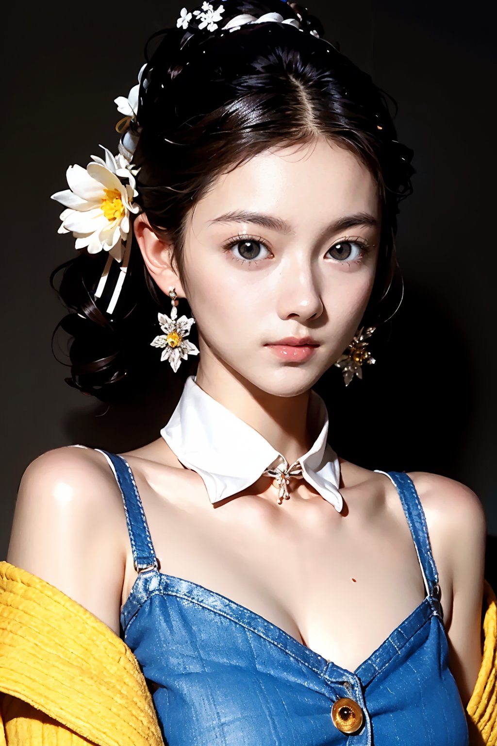 Masterpiece, best quality, official art, highly realistic, (masterpiece), (best quality), (1girl, most beautiful korean girl, Korean beauty model, stunningly beautiful girl, gorgeous girl, 20yo, over sized eyes, big eyes, smiling, looking at viewer), black big eyes, bangs, (powder blusher), shoulder length hair, yellow hair, flower hair clips, (blue sweater, shirt collar), small chest, pink shoulder bag, Upper body close-up with white background,Daofa Rune,Fashion Style, ,masterpiece