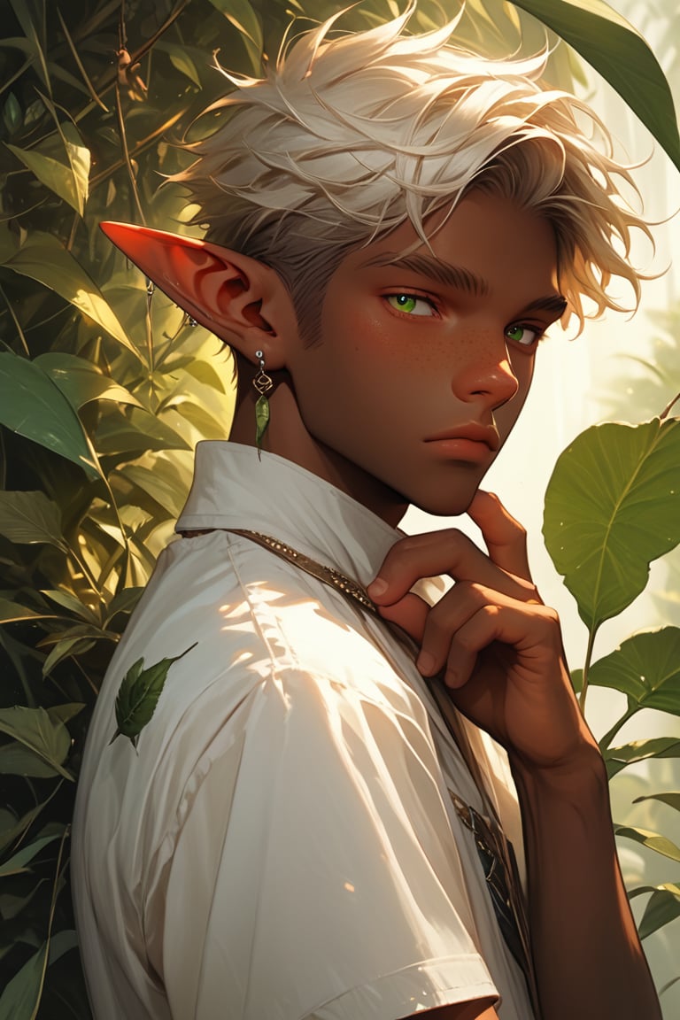 solo, looking at viewer, short hair, shirt, 1boy, jewelry, closed mouth, green eyes, upper body, white hair, short sleeves, male focus, earrings, pointy ears, artist name, hand up, dark skin, from side, lips, looking to the side, leaf, plant, elf, ear piercing, freckles, nose