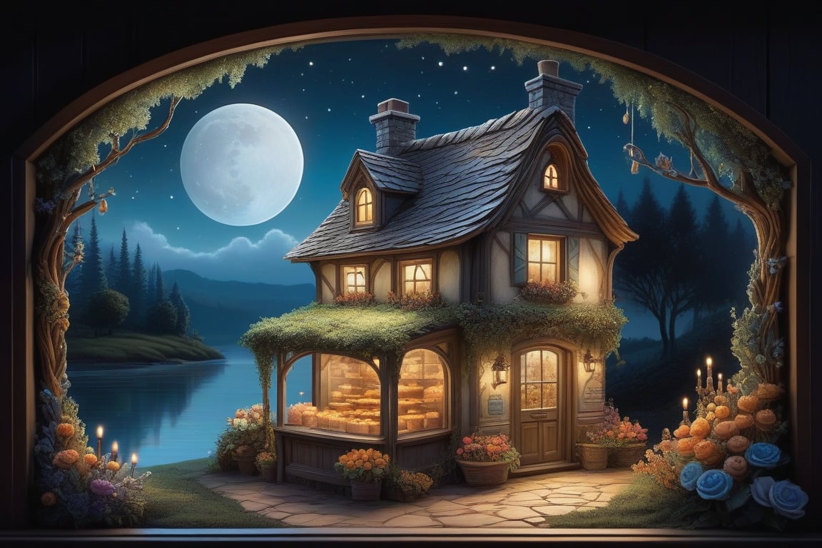 Create a digital painting of a tiny Cottagecore bakery at night, illuminated by moonlight and flickering candles on a rustic wooden table. The kitchen is adorned with floral decorations, featuring intricate filigree and greenery. The scene is rendered in the style of Thomas Kinkade and Jean-Baptiste Monge, with vibrant, mystical colors and ultra-detailed, almost storybook-like illustrations. The window offers a glimpse of the night sky, adding a mysterious, fairytale atmosphere. The artwork is reminiscent of Craola, Dan Mumford, and Andy Kehoe, with a 2D, flat, and vintage charm, set on a cracked paper background.