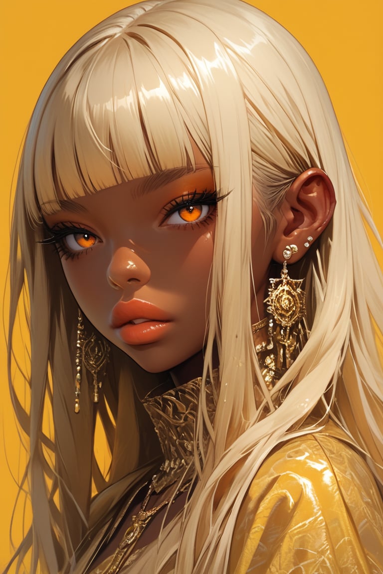 1girl, solo, long hair, looking at viewer, bangs, blonde hair, simple background, jewelry, earrings, parted lips, artist name, dark skin, blunt bangs, dark-skinned female, lips, orange eyes, eyelashes, makeup, portrait, yellow background, nose, yellow theme