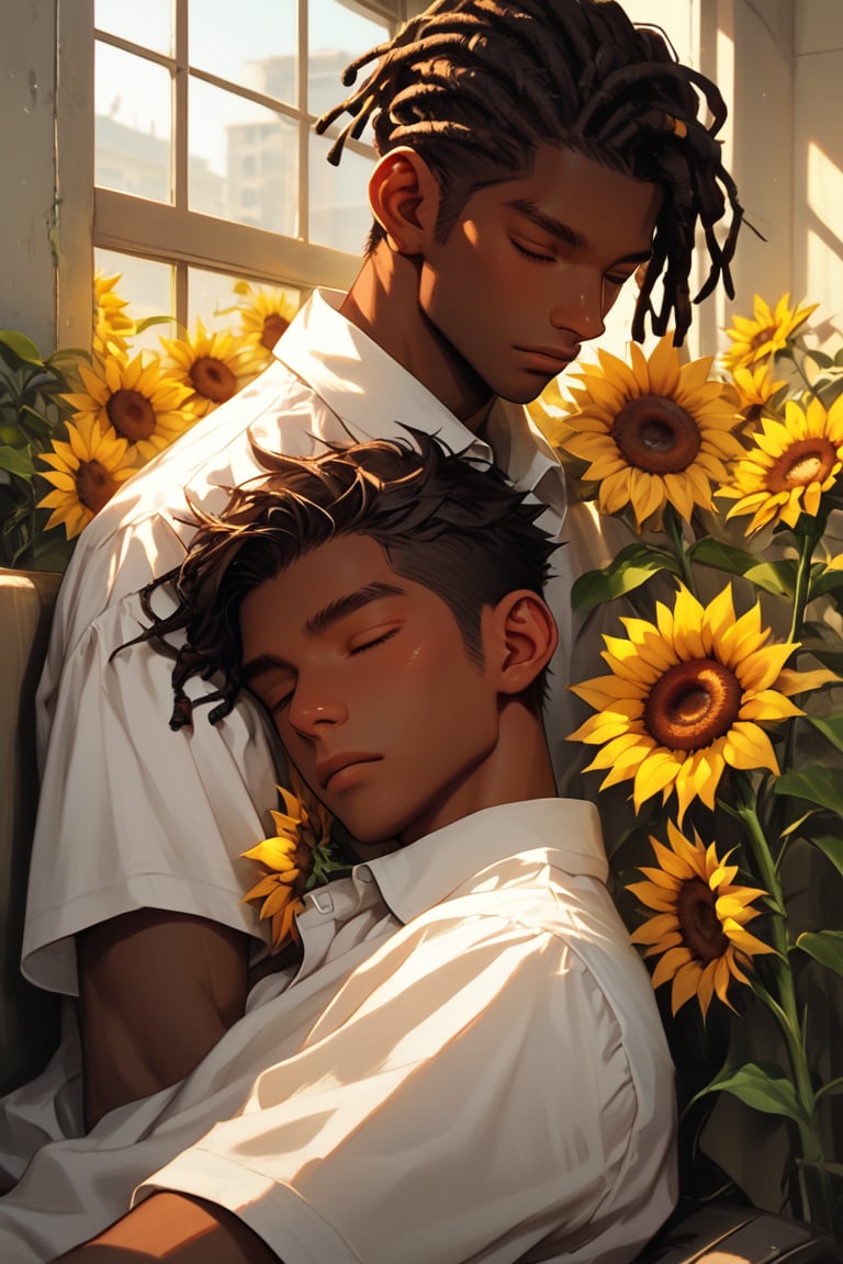 short hair, brown hair, shirt, black hair, closed eyes, white shirt, upper body, flower, short sleeves, male focus, lying, multiple boys, collared shirt, artist name, dark skin, 2boys, shadow, sunlight, dark-skinned male, sleeping, yaoi, yellow flower, sunflower, holding flower, very dark skin, dreadlocks, window shade