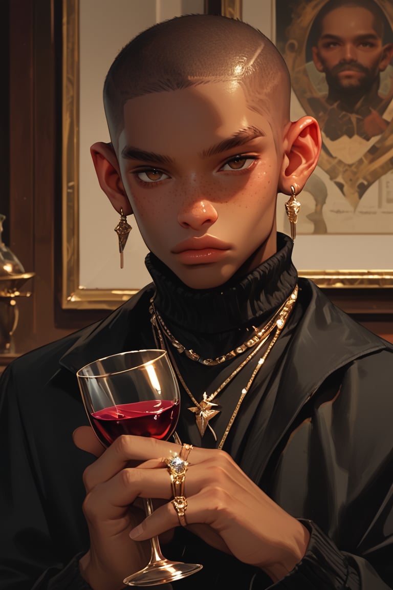 solo, looking at viewer, short hair, 1boy, holding, brown eyes, jewelry, upper body, male focus, earrings, dark skin, necklace, cup, lips, dark-skinned male, ring, holding cup, alcohol, drinking glass, freckles, wine glass, very short hair, wine, buzz cut