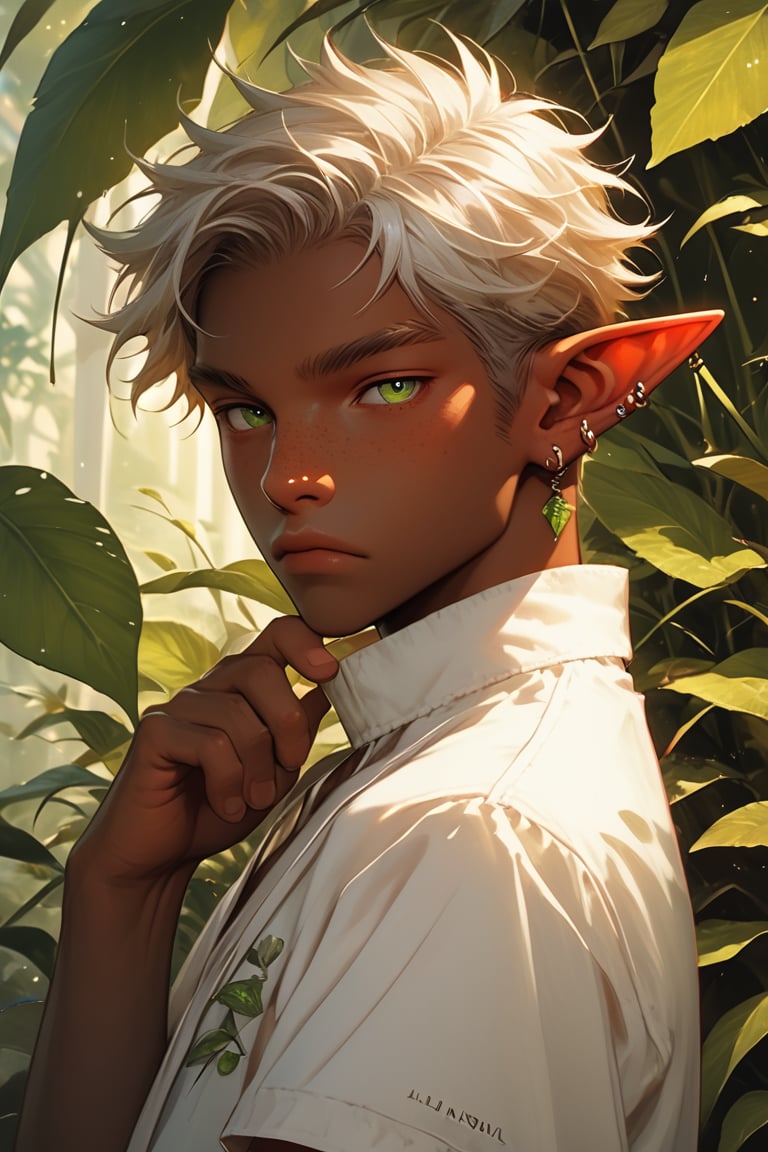 solo, looking at viewer, short hair, shirt, 1boy, jewelry, closed mouth, green eyes, upper body, white hair, short sleeves, male focus, earrings, pointy ears, artist name, hand up, dark skin, from side, lips, looking to the side, leaf, plant, elf, ear piercing, freckles, nose