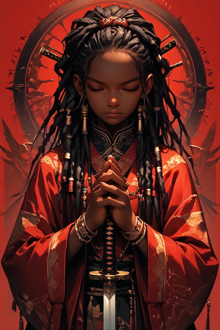 1girl, solo, long hair, black hair, long sleeves, jewelry, closed eyes, upper body, weapon, braid, sword, artist name, dark skin, wide sleeves, bracelet, dark-skinned female, hands up, katana, own hands together, sheath, facing viewer, red background, sheathed, robe, very dark skin, praying, dreadlocks