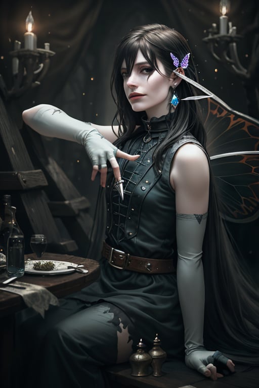 medieval, ethereal, magical, dark atmosphere, goth, creepy, glade background, cold tones, young female, sitting, holding a knife in her hand, body glitter, sinister, detailed face, detailed eyes, black eyes, sinister smile, pale skin, angry:1.8, fae, black hair, very long hair, hair between eyes, hair glitter, messy hair, bangs, pointy long ears, butterfly earpiece, bare shoulders, blue jewelry,  sleeveless, elbow gloves, belt with utilities, leg gather, arm gather, fingerless gloves, lips, realistic, fantasy style,  fairy dust overlay, looking at the viewer, AliceMadness, rogue, rpg character, d&d, dnd, masterpiece, best quality, Details++, 8k, fantasy_game_character,Dark,Aesthetic,more detail,wings