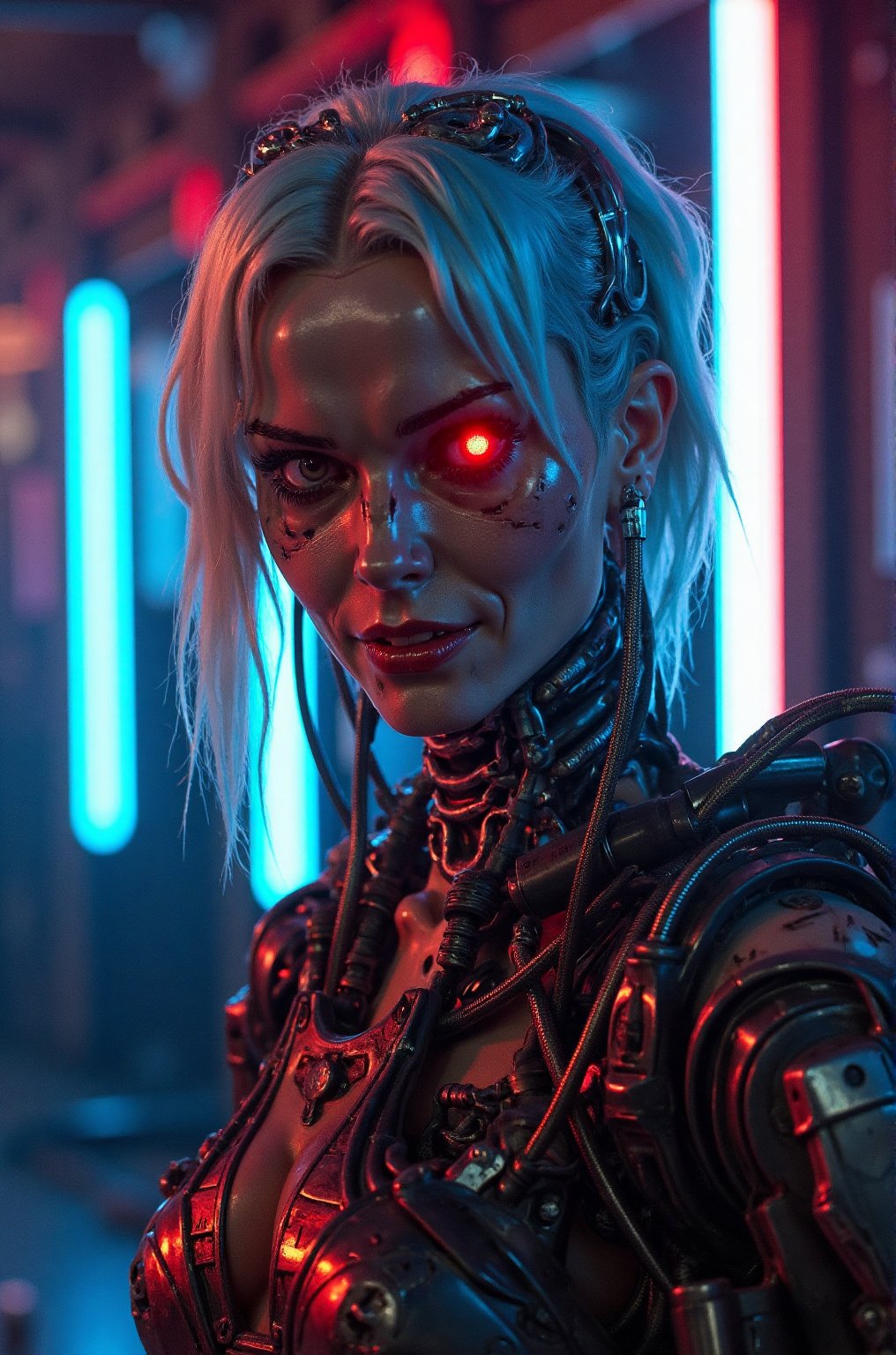 a portrait of a futuristic girl with pale blue hair,  set against a backdrop of deep red and blue neon lights that cast an...