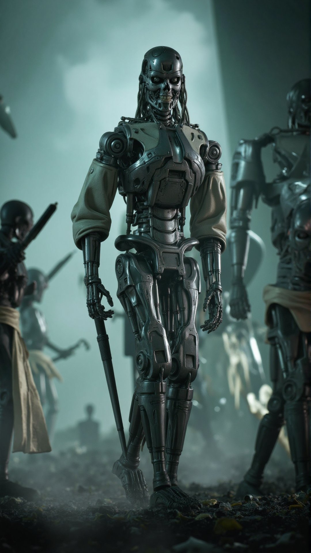 surreal fantasy scifi theme,  female metal robot with a linnen robe walking a time dilated path,  reminiscent of Blade Run...