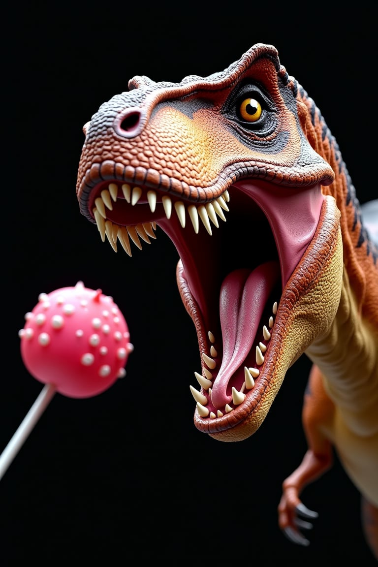 A high-quality photorealistic close-up shot of a Tyrannosaurus with its mouth wide open, fangs bared, and saliva dripping as it charges towards a large lollipop. The Tyrannosaurus's skin is painted in a bright vibrant dark brown against a pitch black background. The dynamic angle makes the Tyrannosaurus look like it is about to jump out of the frame, creating an intense and thrilling visual experience.