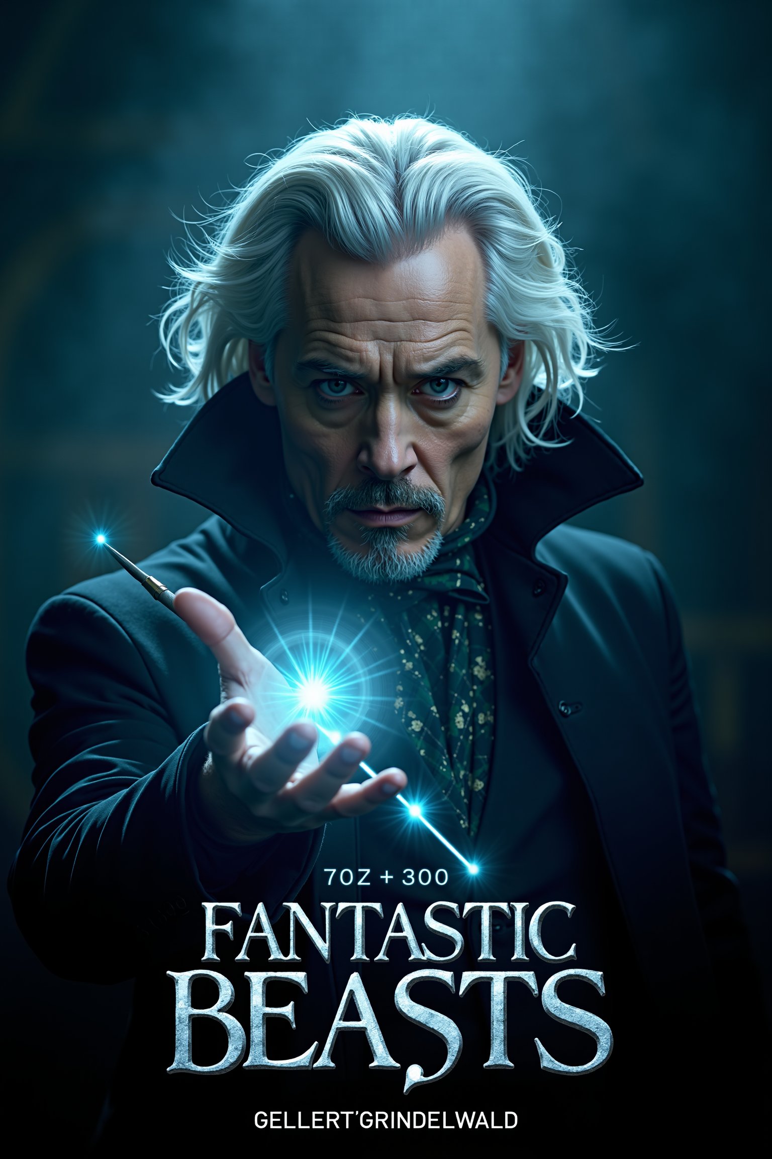 A film bust shot of Johnny Depp as Gellert Grindelwald holding a magic wand and casting a spell. His expression is cold,...