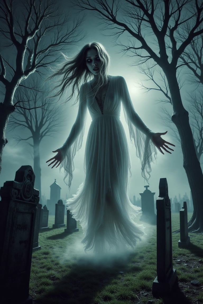 A live-action ghost of a woman in a long white dress, floating above the ground in a graveyard at midnight. Her face is pale with hollow eyes, and her hair flows unnaturally in the wind. She reaches out with cold, translucent hands, and a faint, eerie glow surrounds her. The graveyard is filled with old tombstones, dead trees, and thick fog. Cinematic lighting creates a dramatic contrast of shadows, emphasizing her ghostly presence amidst the eerie atmosphere.