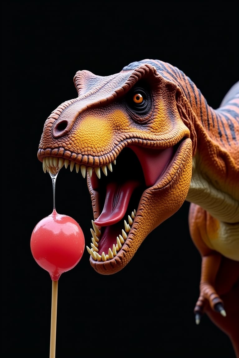 A high-quality photorealistic close-up shot of a Tyrannosaurus with its mouth wide open, fangs bared, and saliva dripping as it charges towards a large lollipop. The Tyrannosaurus's skin is painted in a bright vibrant dark brown against a pitch black background. The dynamic angle makes the Tyrannosaurus look like it is about to jump out of the frame, creating an intense and thrilling visual experience.