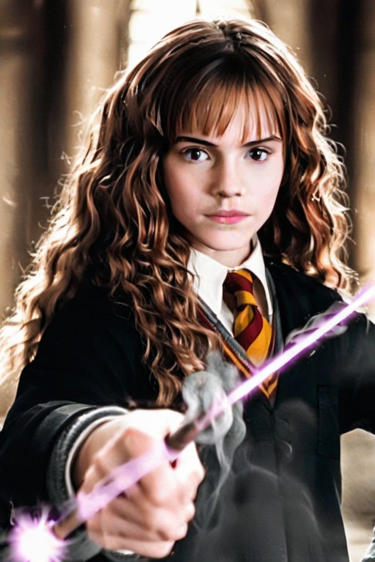 1girl, Hermi_1, Hogwarts School uniform, long wavy hair, swirling purple energy around her, Harry Potter wand in hand, dynamic action shot, smoke billowing from wand, intense magical battle, dramatic lighting, mid-shot framing, detailed facial expression, Hogwarts courtyard background.