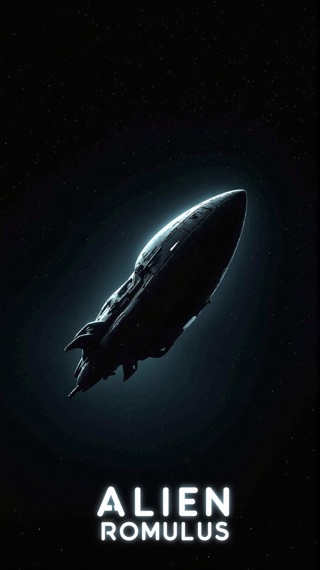 Poster of alien romulus,  black galaxy with a big space ship. XENOMORPH ALIEN,  The poster is set outside of big galaxy wi...