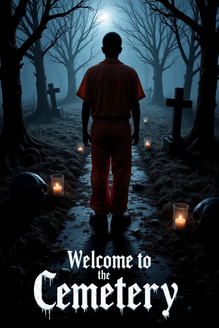 A dark cemetery on a hill, with a man in an orange prison uniform standing in front of it. The path is lined with jack-o'-lanterns and lit candles, and at the bottom, Welcome to the Cemetery floats in ghostly script. The scene is dimly lit, with the man standing in a tense pose, looking towards the cemetery. The composition is centered on the cemetery, with the man and illuminated path framing the entrance.